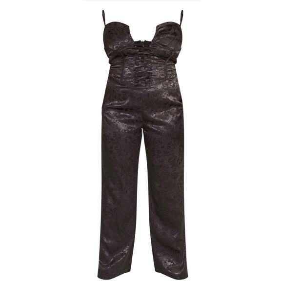 PrettyLittleThing Black Jacquard Satin Lace Up Corset Jumpsuit Size 12 Romantic - Picture 3 of 12